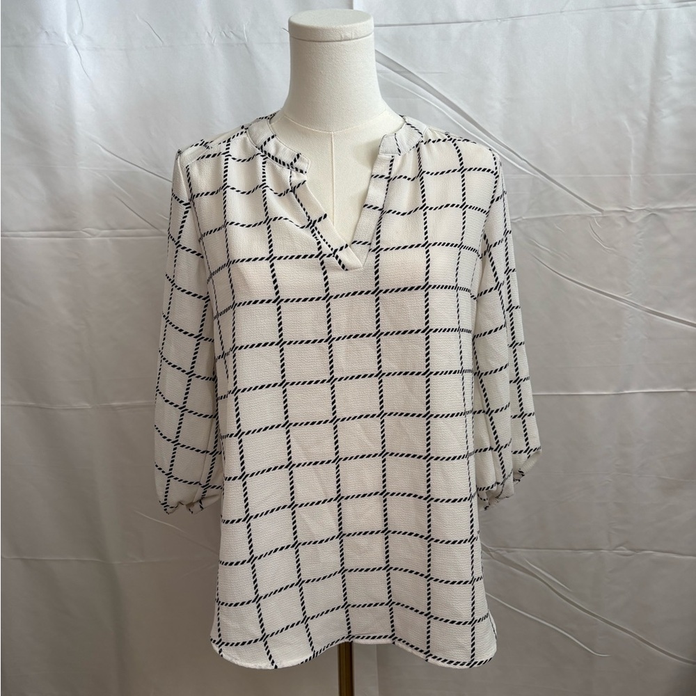 Perception Concepts Black White Grid Tunic Blouse 3/4 Sleeve Office Top Small